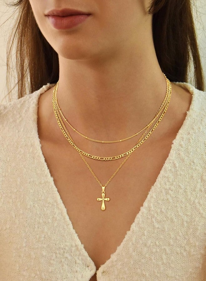 ASCOMY Gold Necklace for Women 14K Gold Plated Layered Necklaces Stackable Layering Satellite Choker Figaro Chain Cross Pendant Necklace Stacking Gold Choker Necklaces Set Trendy Jewelry Gift for Her - Image 3